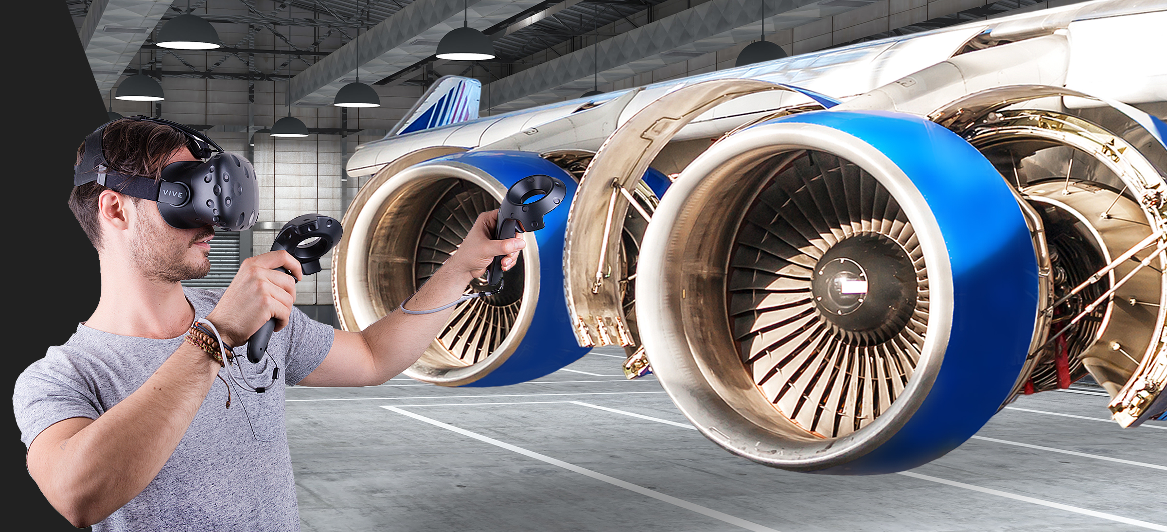 young man wearing VR headset to understand jet engines