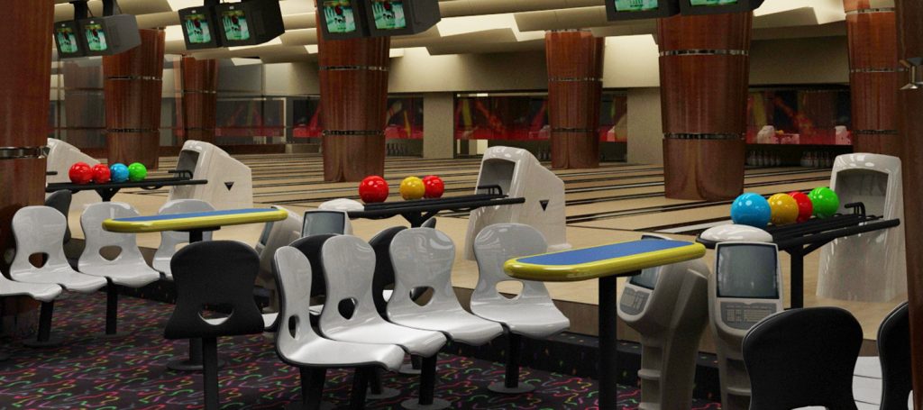 Bowling alleys interior 3d rendering