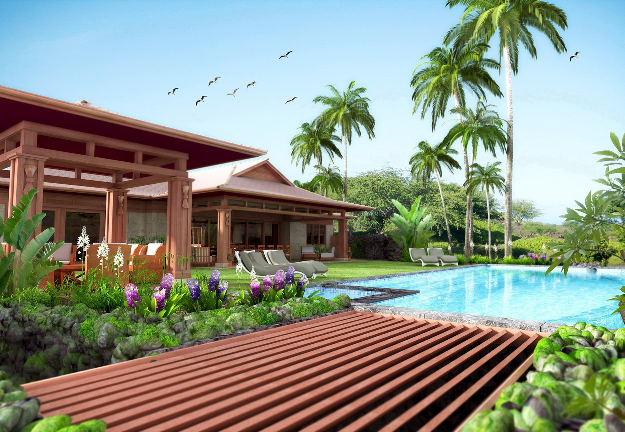 hawaii house exterior rendering pool view with palms