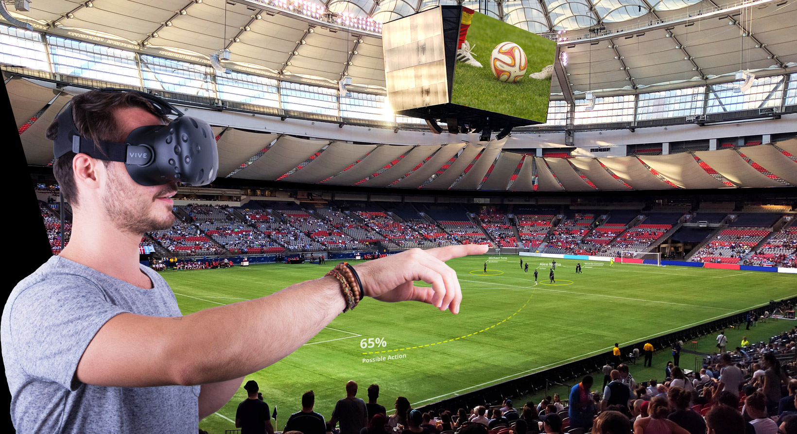 man watching soccer game in virtual reality