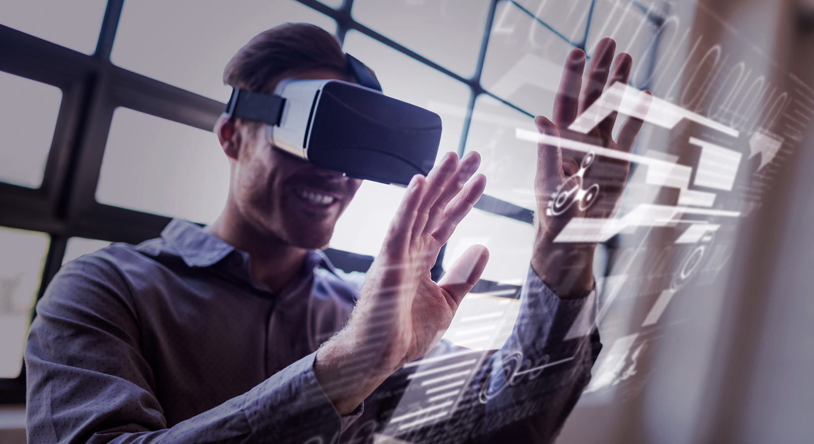 man wearing virtual reality headset at trade show