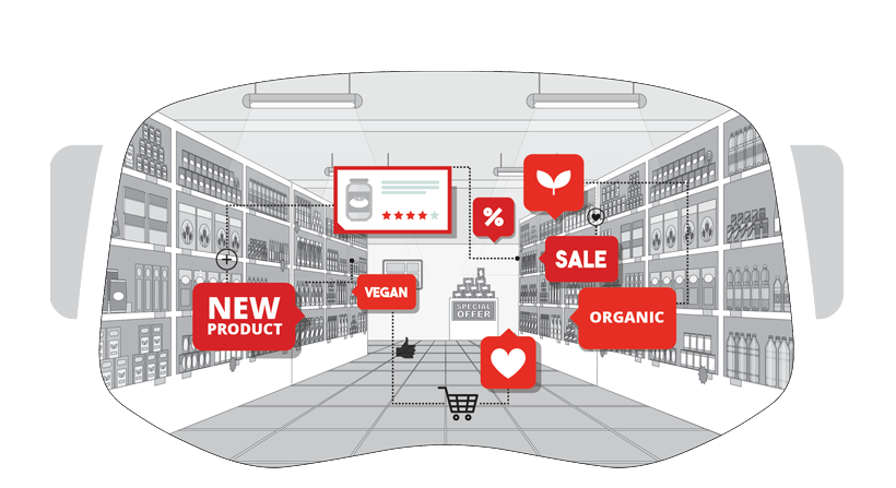 Illustration of Augmented Reality showing virtual information in a supermarket