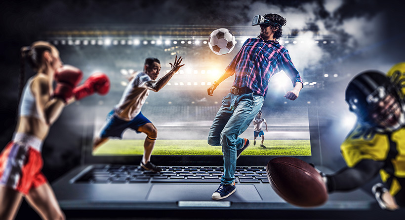 collage image of a man wearing virtual reality headset and playing in sports video game