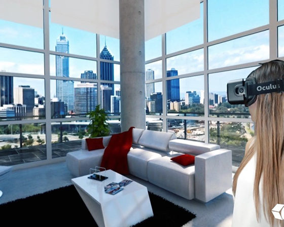 Young female looking at a condo interior with virtual reality headset