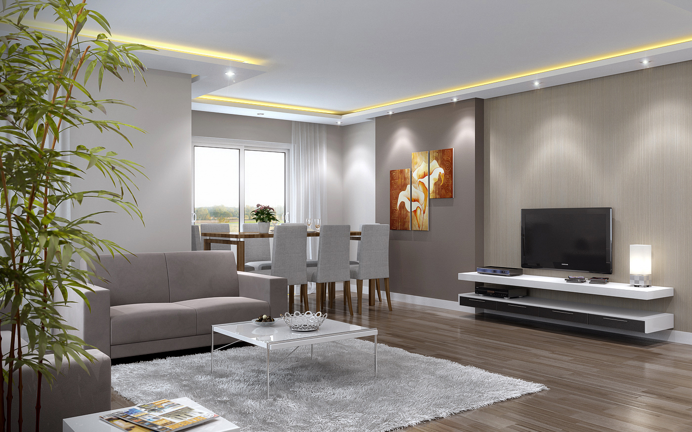 living room rendering wide angle