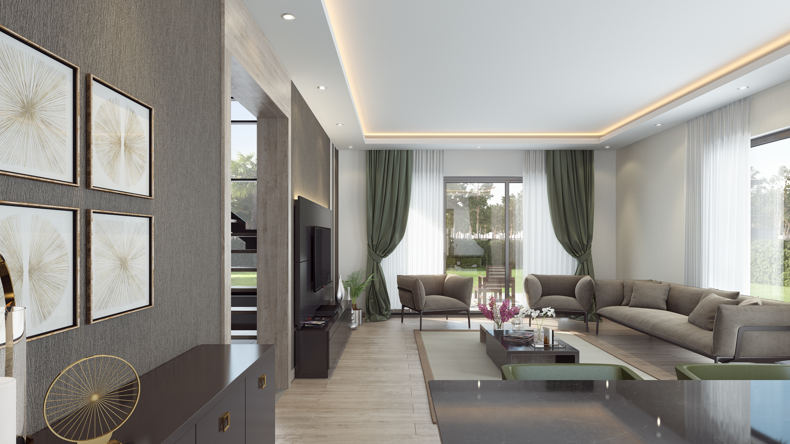 living room interior render from angle