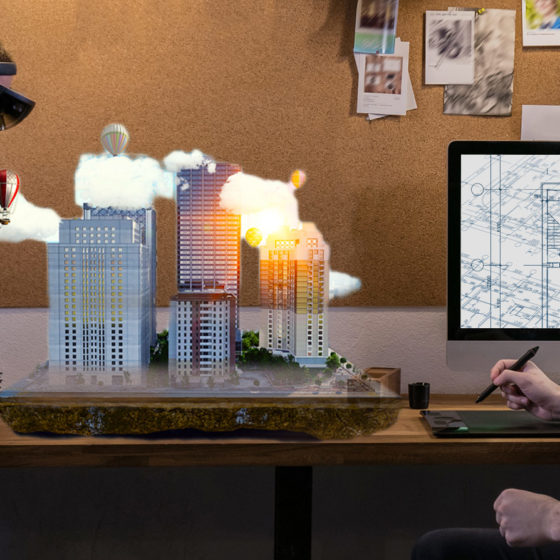 Urban Planners with hololens headset looking at virtual building