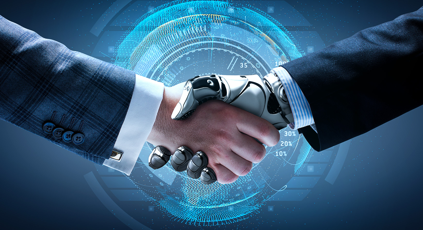 robot man handshaking mixed reality artificial intelligence future