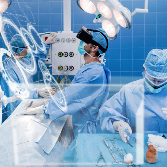 Surgeon with a virtual reality headset operating surgery on a patient