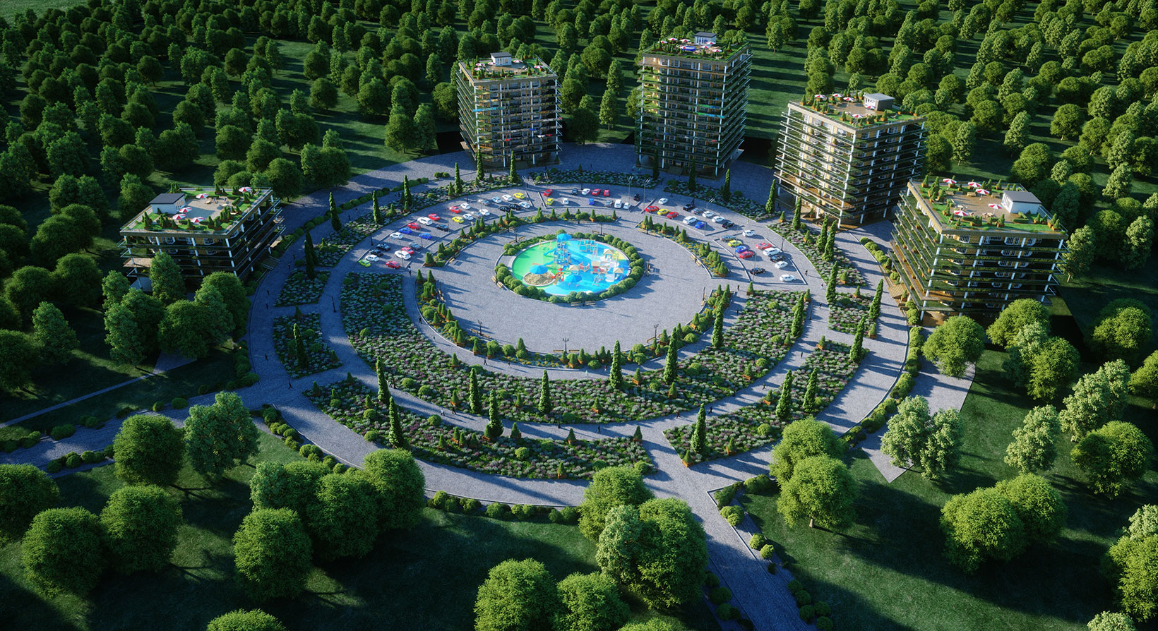 Aerial view of real estate properties in 3d rendering