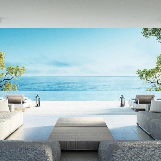 3D Rendering of a decorated interior with a beach view
