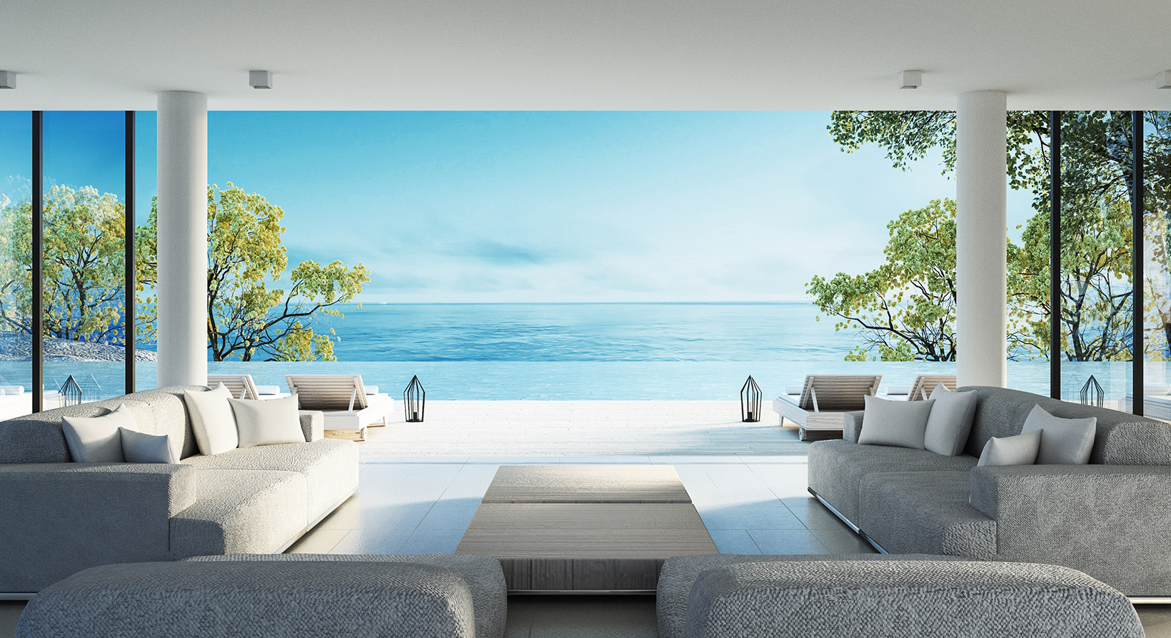 3D Rendering of a decorated interior with a beach view