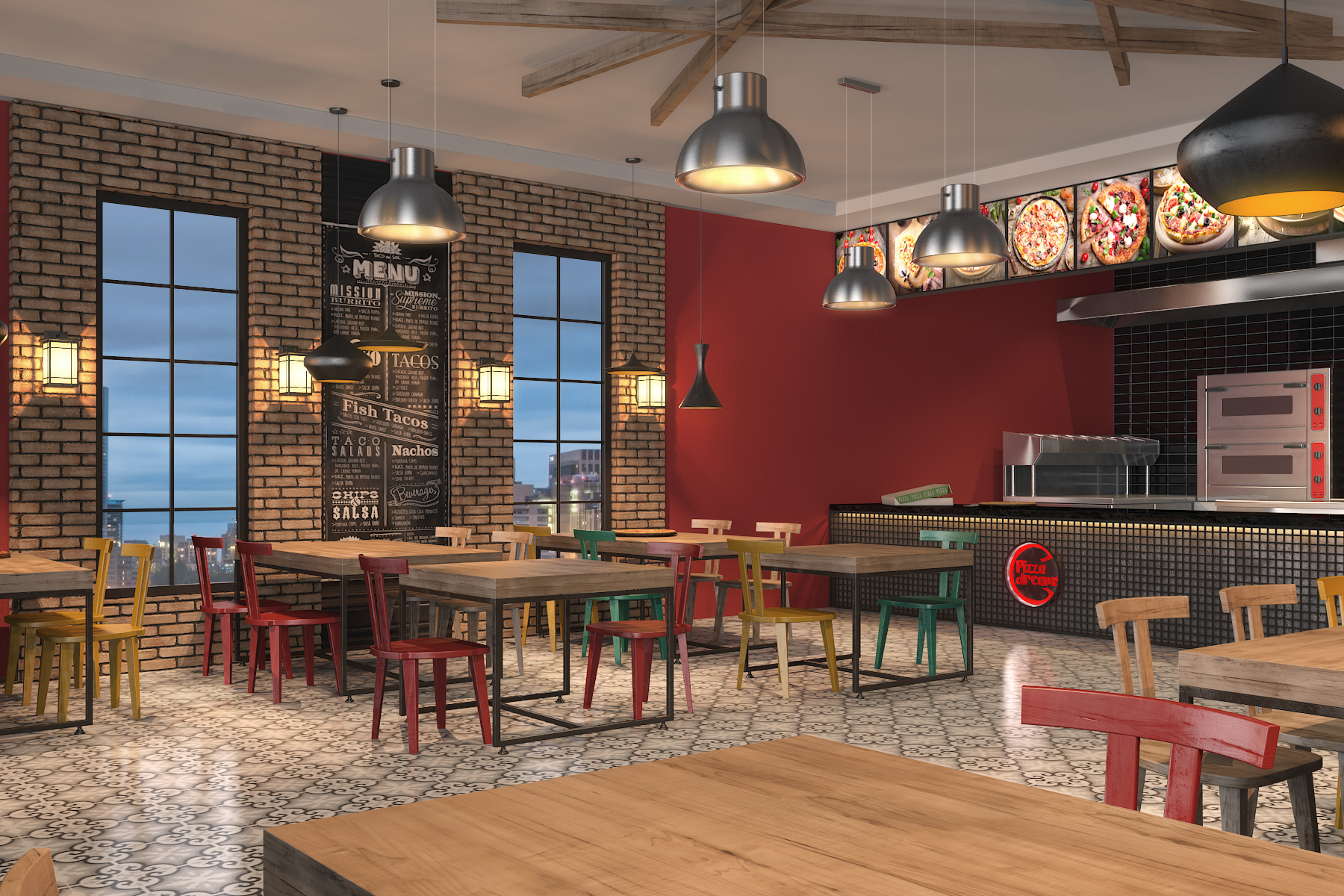 3D Render of Pizza Dreams Restaurant concept