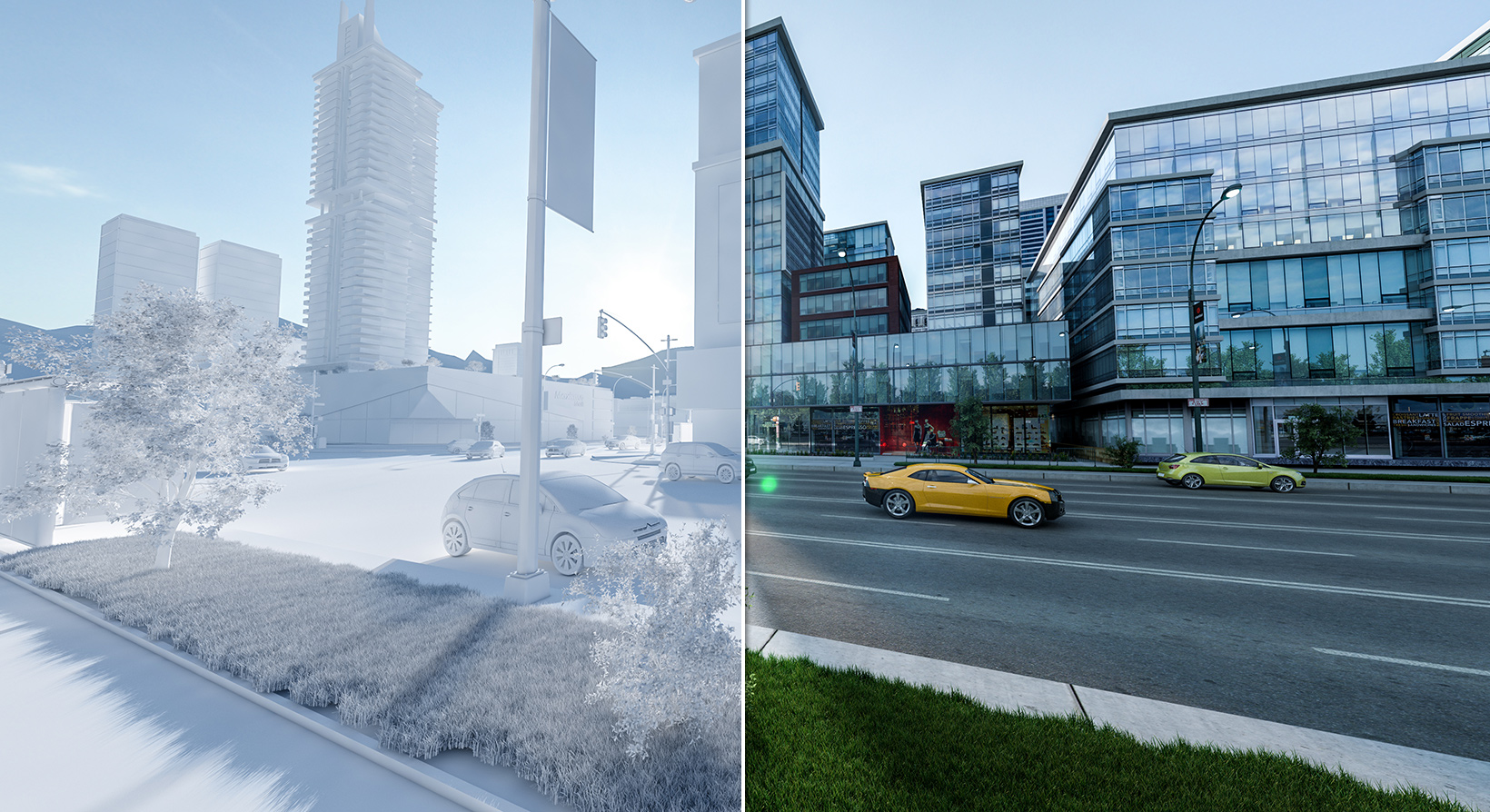architectural visualization of a street view with before and after affect