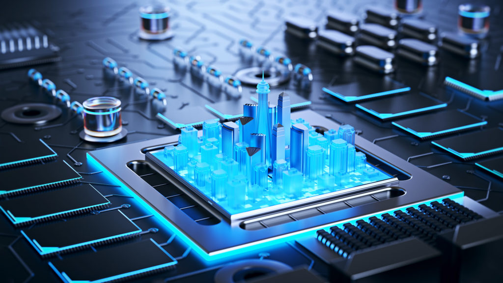 3d illustration of futuristic micro chip smart city concept