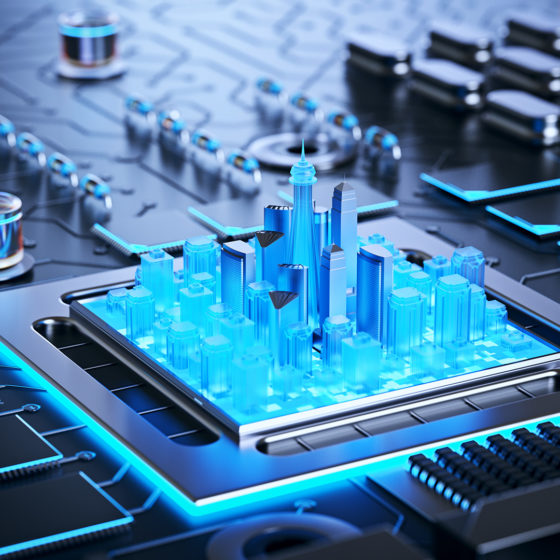 3d illustration of futuristic micro chip smart city concept