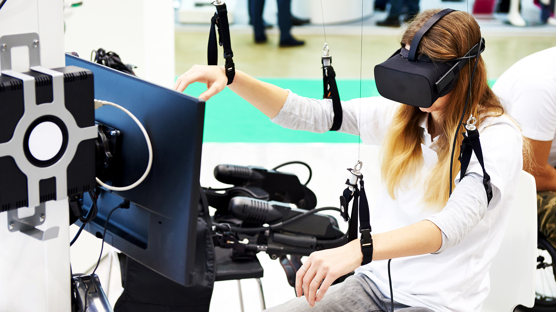 female patient is in virtual reality device for rehabilitation