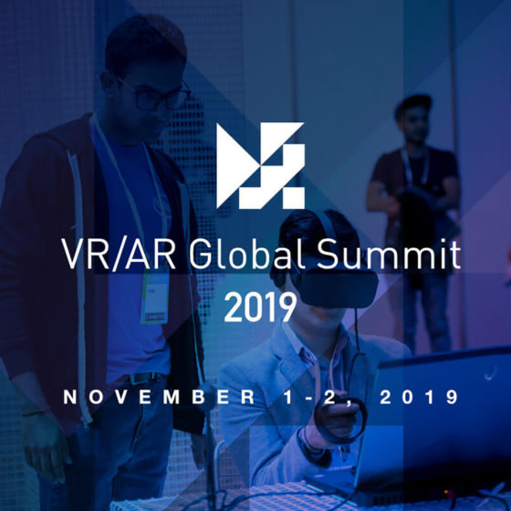VR AR Global Summit 2019 Banner showing a person in front of computer using virtual reality