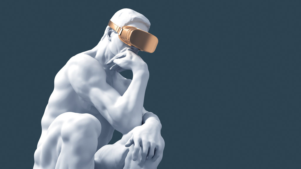 Sculpture Thinker With Golden VR Glasses for Experience Transformation