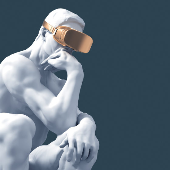 Sculpture Thinker With Golden VR Glasses for Experience Transformation