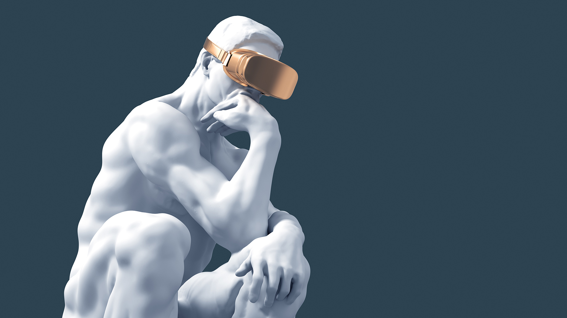 Sculpture Thinker With Golden VR Glasses for Experience Transformation