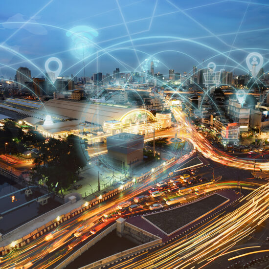 smart city with connected sensors visualizing data and connections through industrial ar