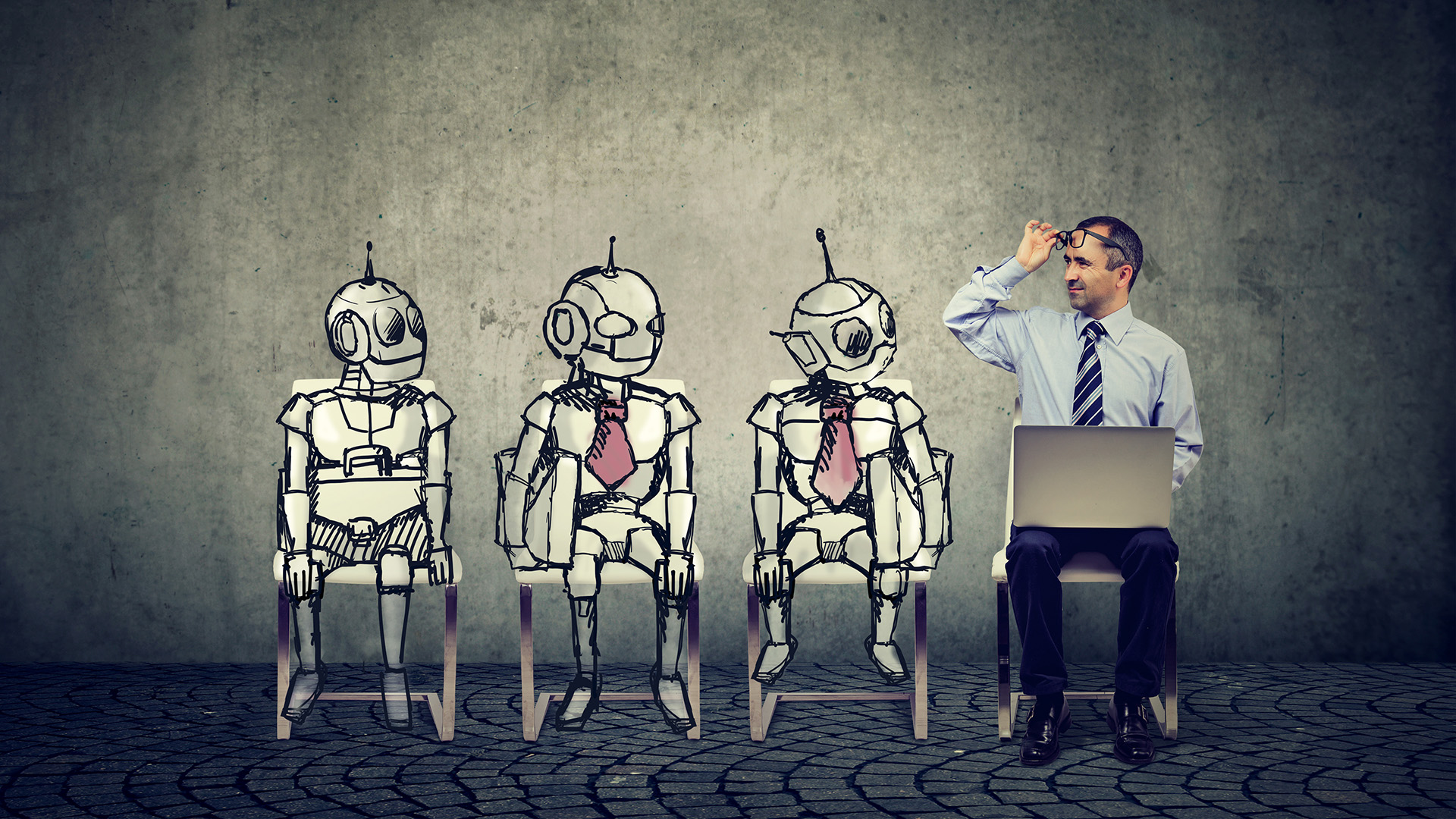 Business job applicant man competing with cartoon robots sitting in line for a job interview